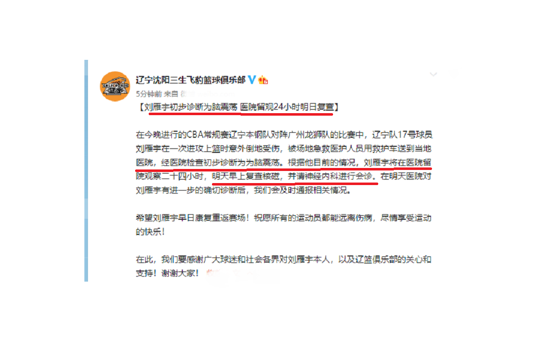 辽篮官方:刘雁宇初步诊断为脑震荡