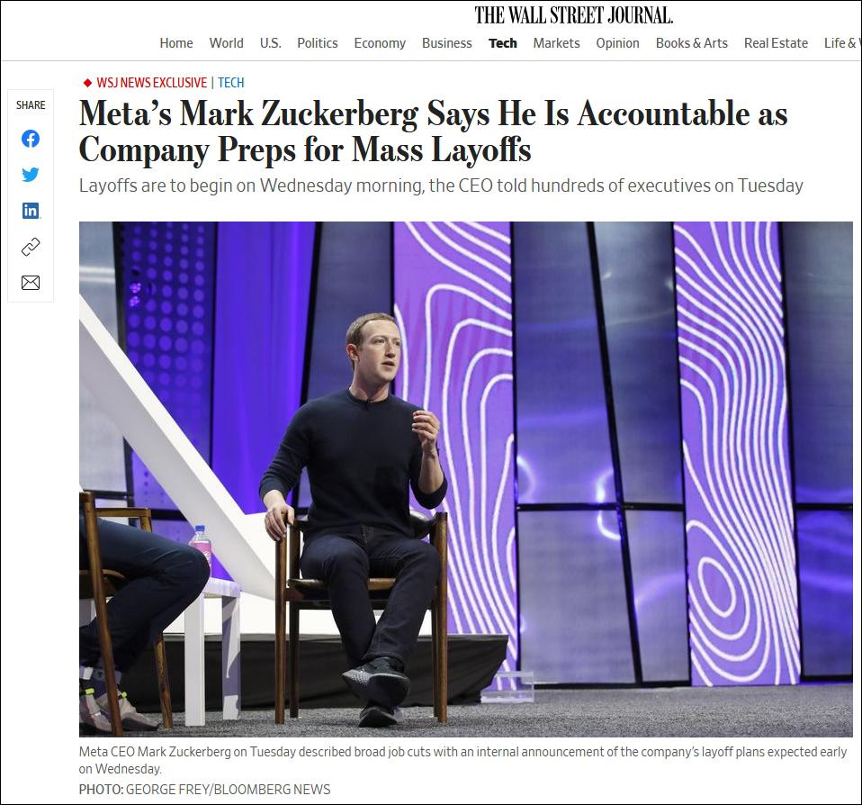 扎克伯格承认脸书大规模裁员，错误的判断导致公司人员过剩