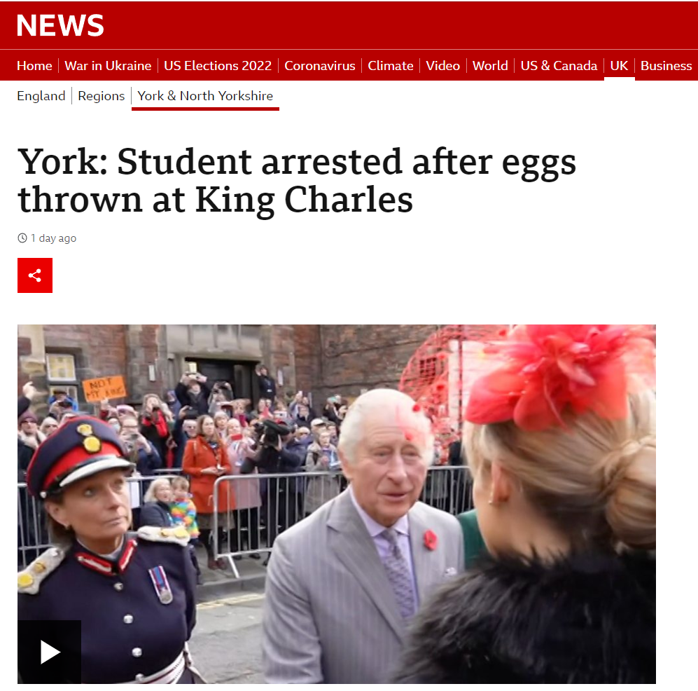 男子袭击英国国王被禁止带蛋出门，禁止在公共场所携带鸡蛋